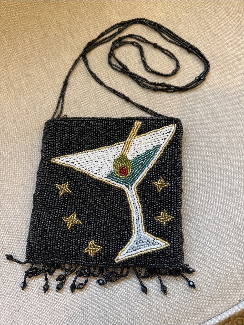 Beaded Martini Crossbody Bag in Black with Gold & White Accents
